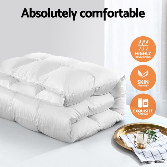 Folded white super king goose down quilt with box-stitched baffles