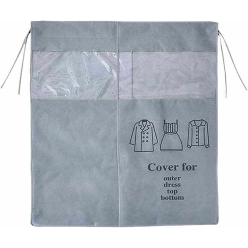 Gray dustproof clothing cover with hanging straps and printed outer/top/bottom clothing icons