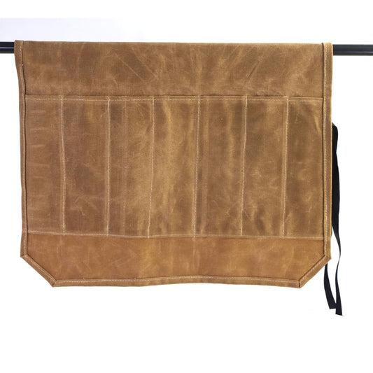 Tan waxed canvas knife roll bag, folded with side tie strap
