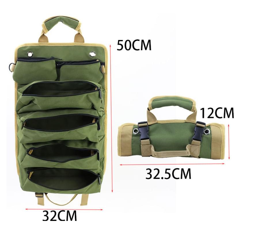 Green roll-up tool organizer with size measurements 32.5cm by 50cm