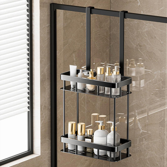 Two-tier shower caddy organizer with bottles on two shelves, black metal frame
