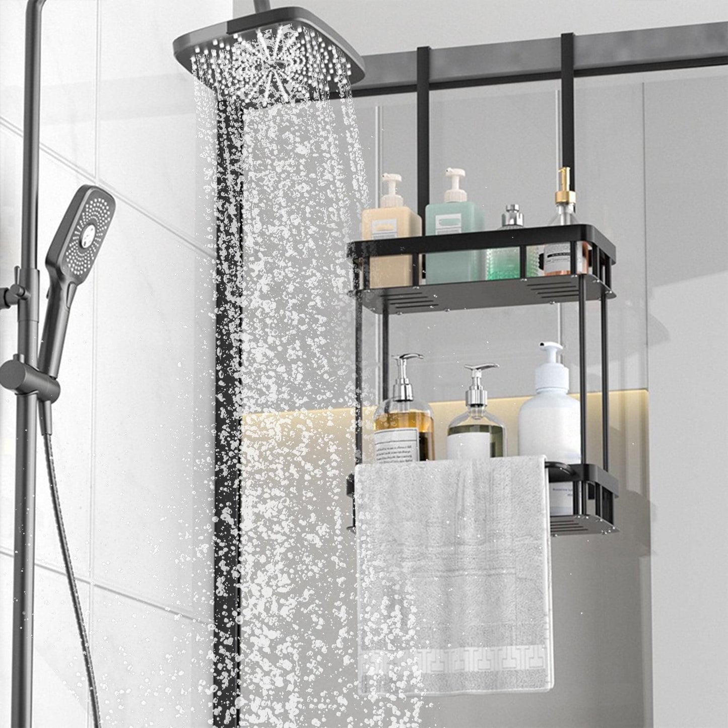 Two-tier hanging shower caddy with bottles and towel, black metal under water spray