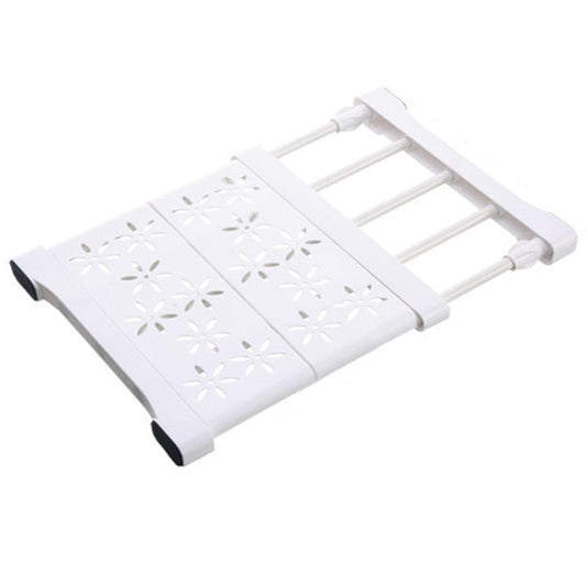 Adjustable closet shelf divider, white perforated top on three-bar frame