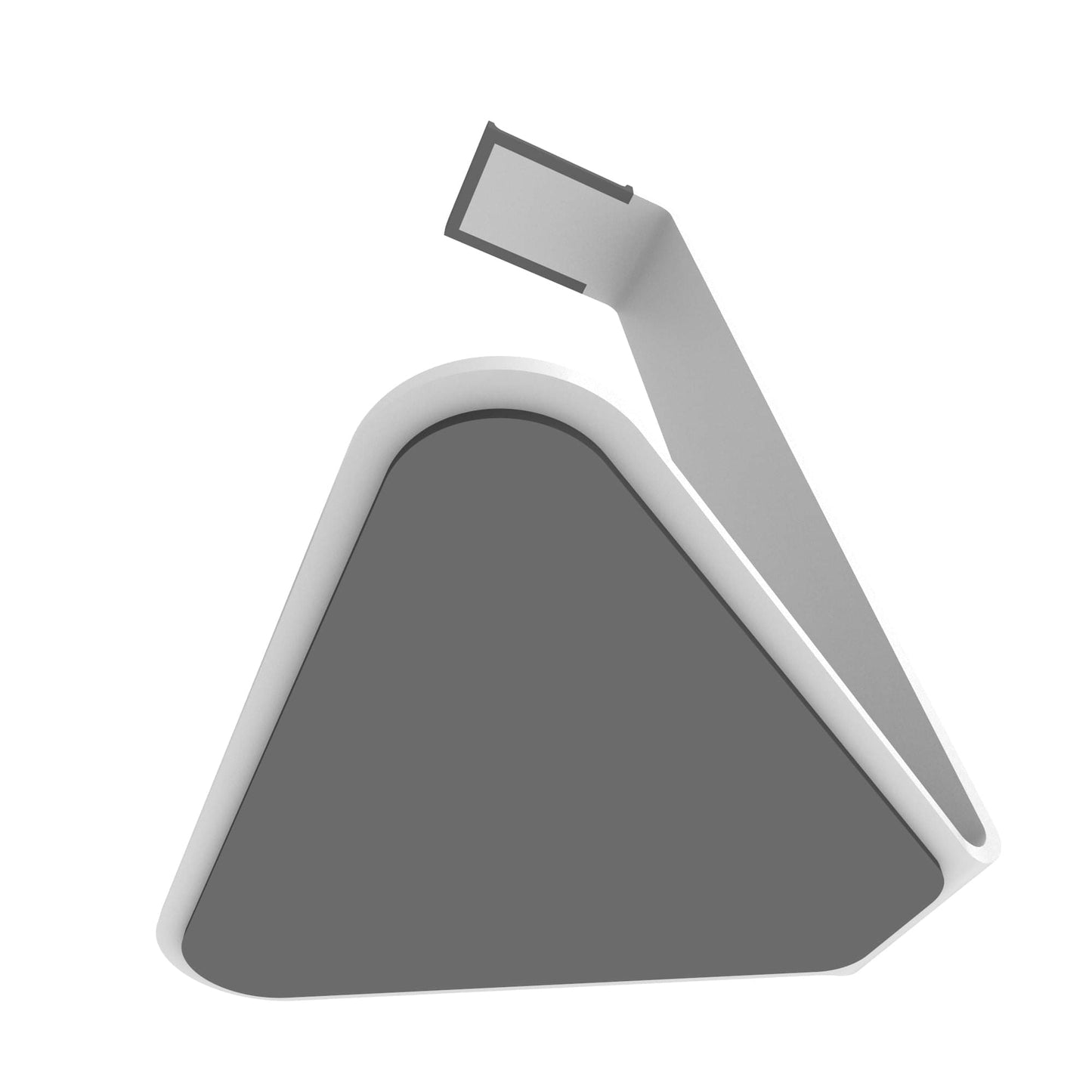 White desktop headphone stand with triangular base and curved arm