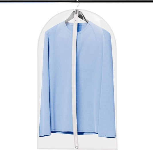 Clear suit garment cover bag with white trim, hanging blue coat on hanger