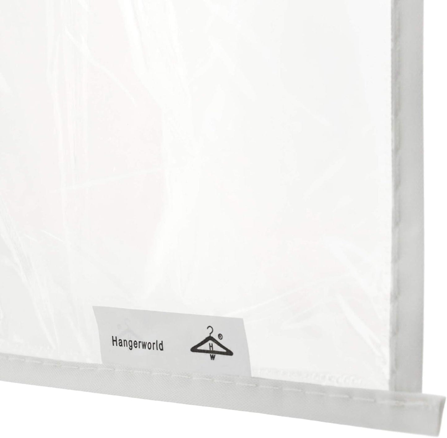 Hangerworld clear garment cover bag hem with sewn brand label