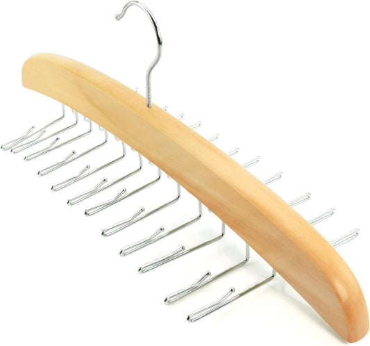 Wooden tie hanger with chrome metal prongs and hanging hook