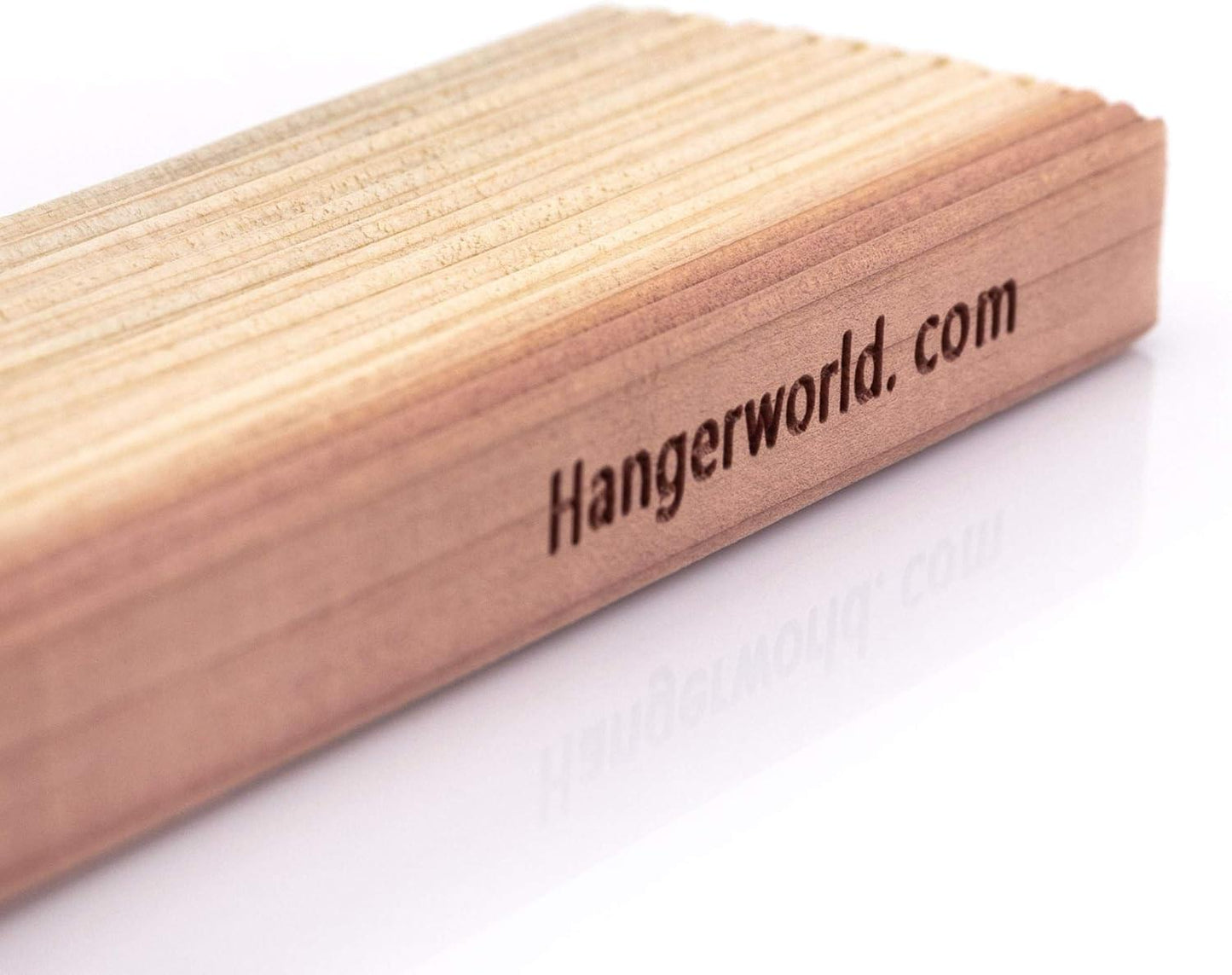 Cedar wood hanger with 'Hangerworld.com' text and silver metal hook