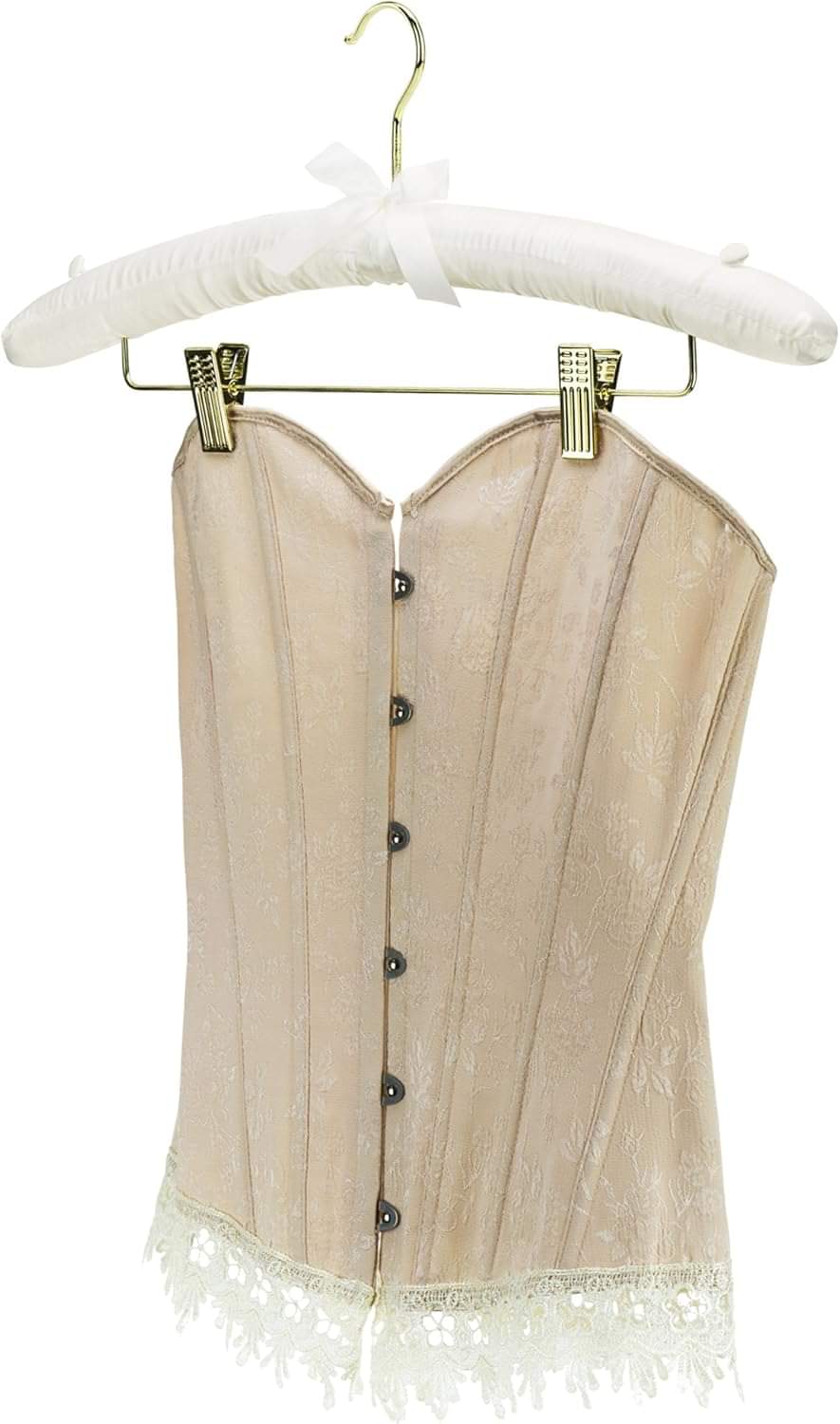 Ivory satin padded clip hanger holding a beige corset-style top with buttons