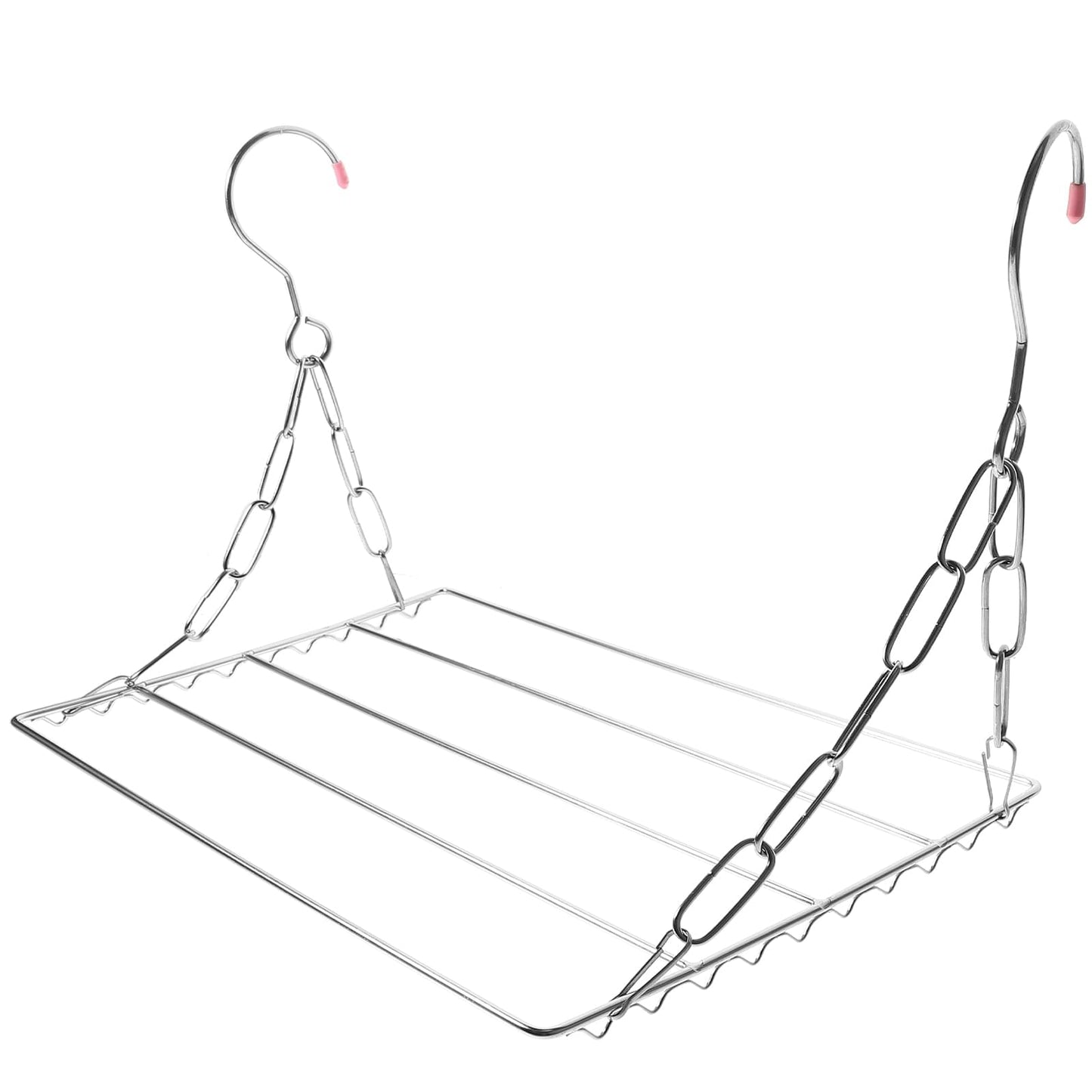 Minimalist clothes drying rack with two hanging hooks and chain supports, rectangular frame