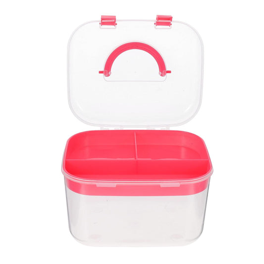 Clear plastic storage box with open lid and red divider compartments