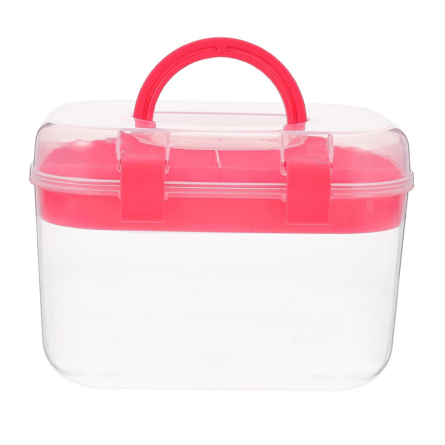 Plastic storage box with red hinged lid, red handle, and clear body