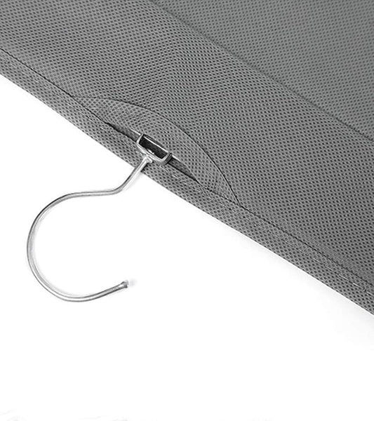 Hanging organizer strap with metal hook on gray mesh fabric pocket