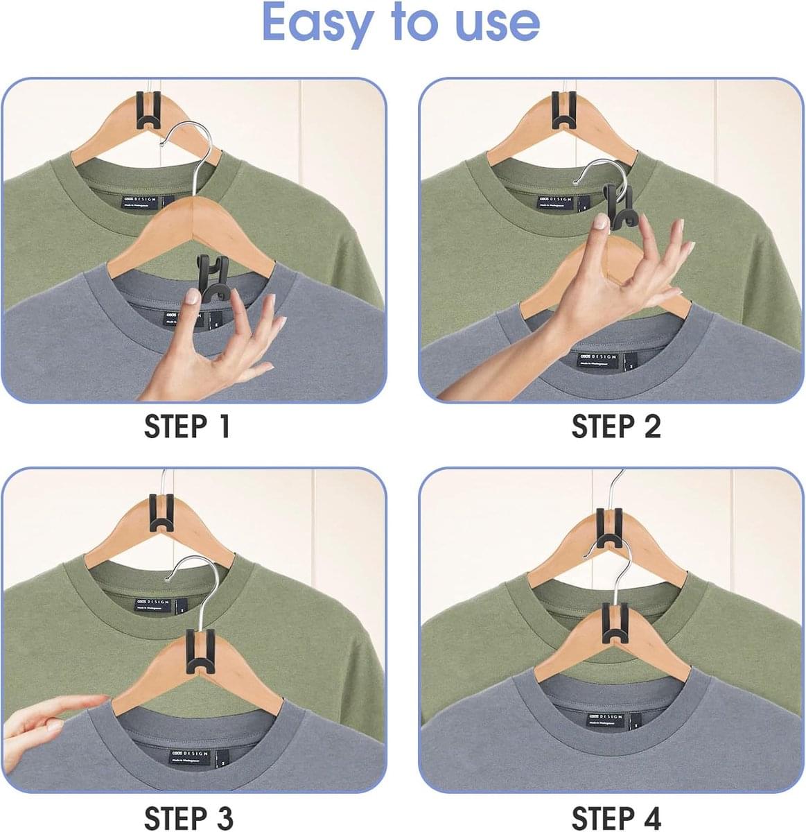 S-hook hanger connectors in step-by-step setup on a hanging garment