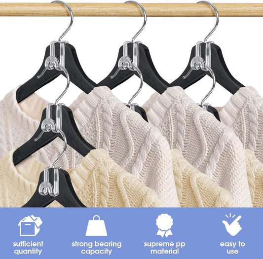 Clear S-hook hanger connectors attached to black hangers
