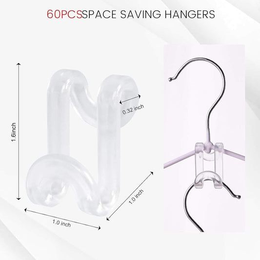 Clear plastic hanger connector hooks with curved loops to link two hangers