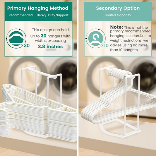 White hanger rack organizer holding neatly stacked plastic hangers on tiered bars
