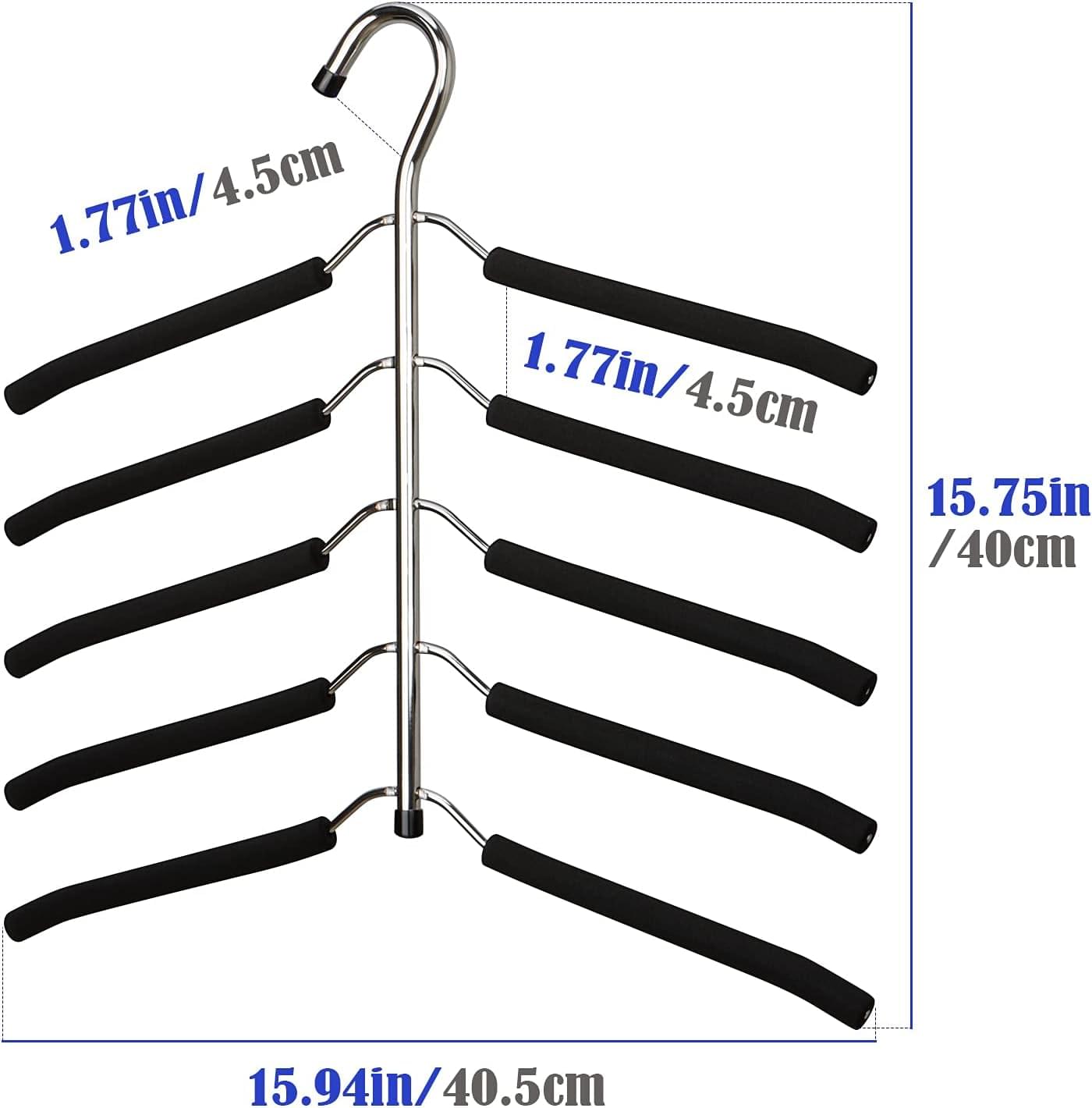 Multi-arm clothes hanger with padded arms showing size measurements in blue