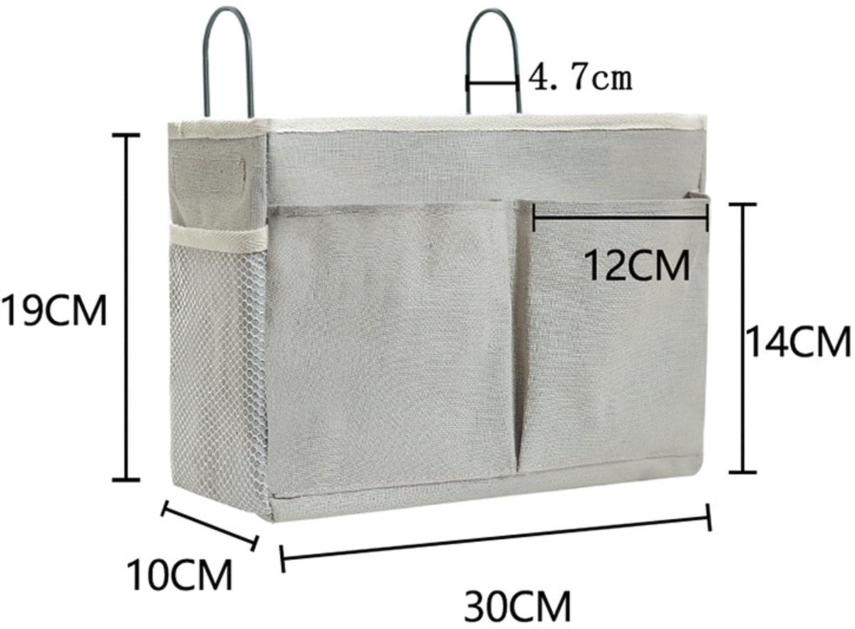 Off-white canvas hanging organizer bag with two hooks, mesh divider, and pockets, 30x10x19cm.