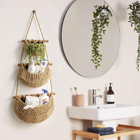 3-tier woven jute hanging basket with three curved fabric pouches and wooden bars