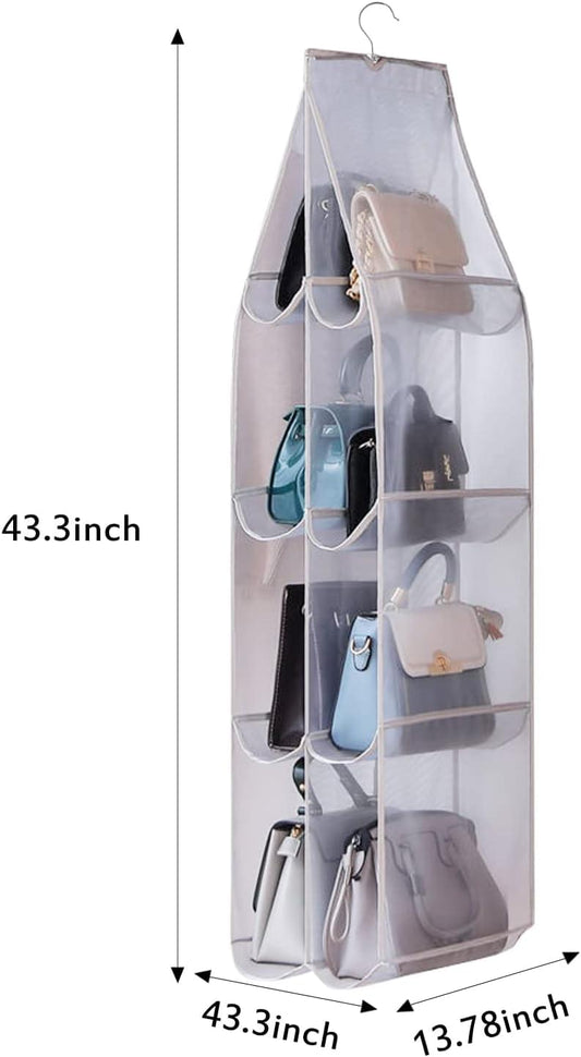 Transparent hanging handbag organizer with 8 front pockets and side mesh compartments, white