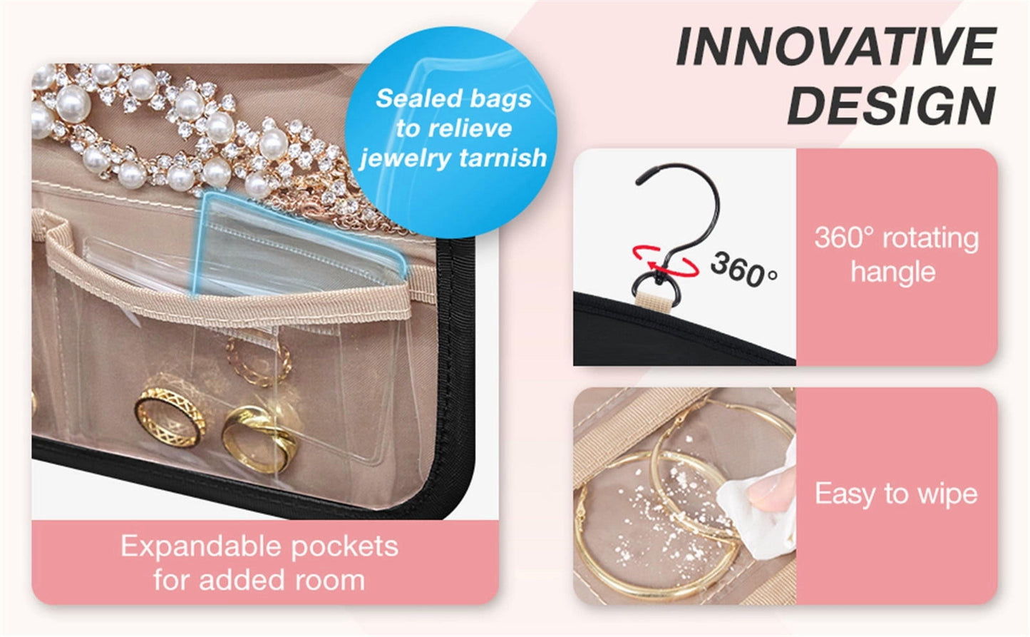 Hanging jewelry organizer roll with pockets, sealed bags, and hook for necklaces and rings