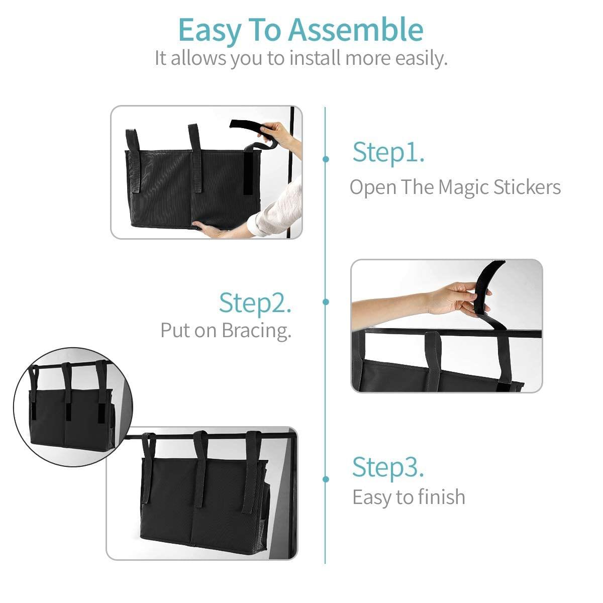 Black hanging organizer bag with top straps and front side compartments