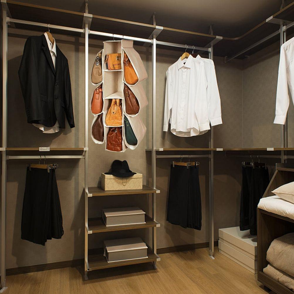 Hanging purse organizer with vertical shelves and hanging divider pockets in closet