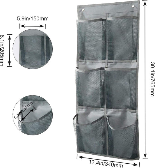 Grey hanging shoe organizer with 6 large pockets and reinforced top loops