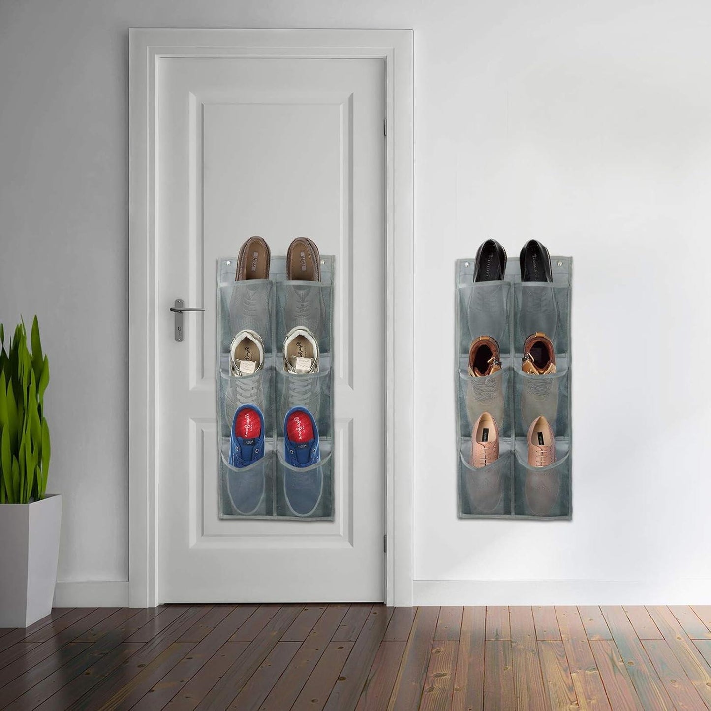 Grey over-door hanging shoe organizer with 6 pockets; 2 organizers on a door