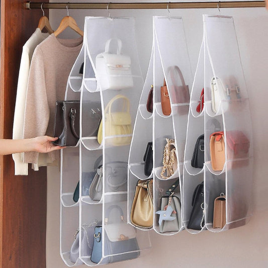 Hanging closet organizer shelf with 6 clear pockets, holds handbags and shoes