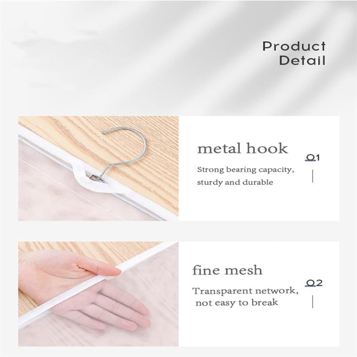 Hanging organizer shelf metal hook and fine white mesh pocket material