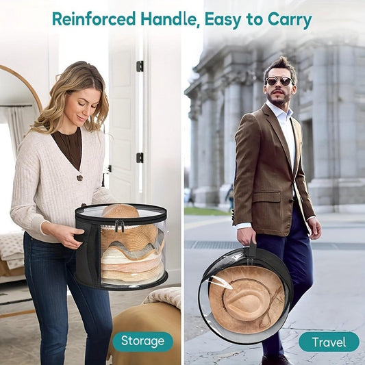 Round hat storage box with reinforced handle, clear window, and zipper closure