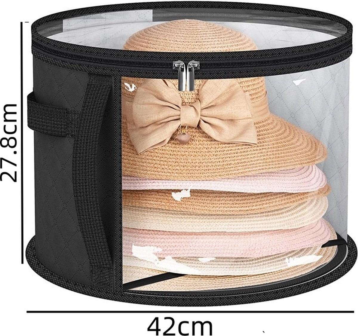 Black round hat storage box with clear window, zipper closure, quilted fabric exterior