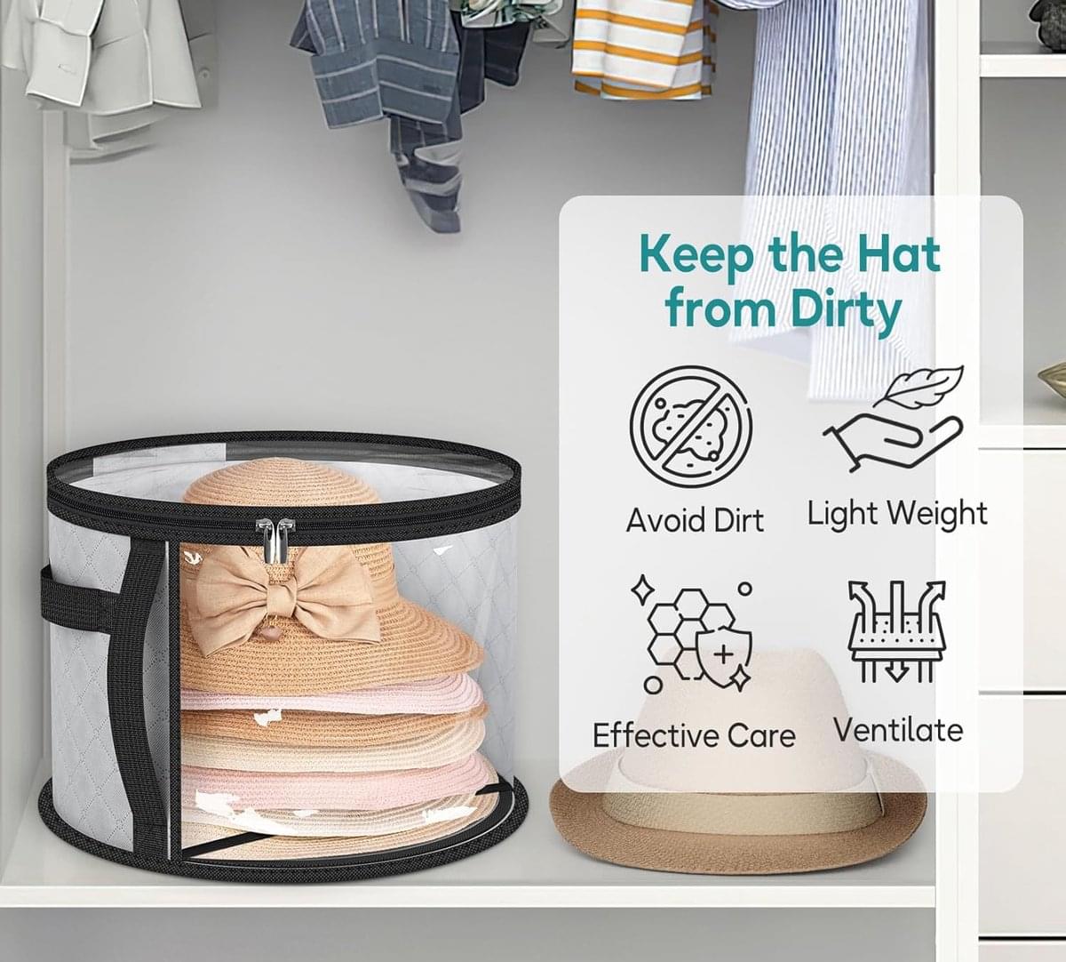 Gray round hat storage organizer with clear window, storing a straw hat stack