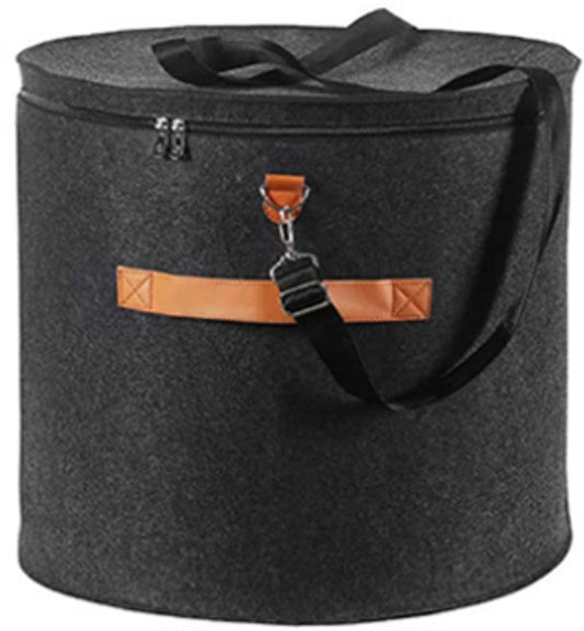 Dark gray felt round storage box with zipper top and leather strap carrying handle