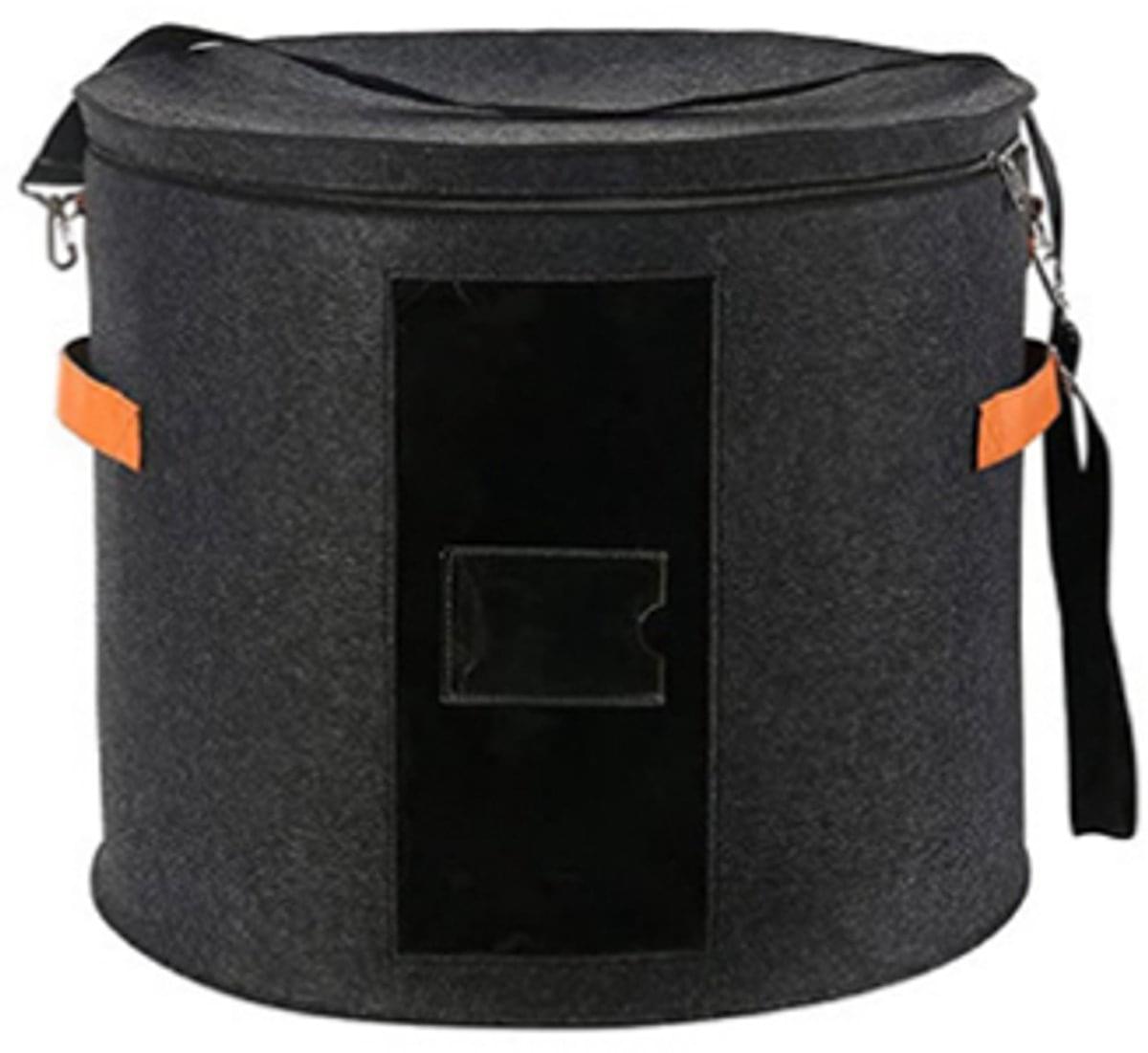 Dark gray felt round hat storage box with lid, side clear window, and carrying strap