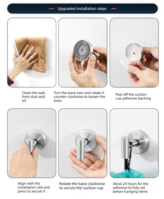 Heavy Duty Stainless Steel Suction Cup Hook Vacuum Wall Hanger Brushed Bright Light No Drill Towel Holder for Bathroom Kitchen & Shower - Waterproof