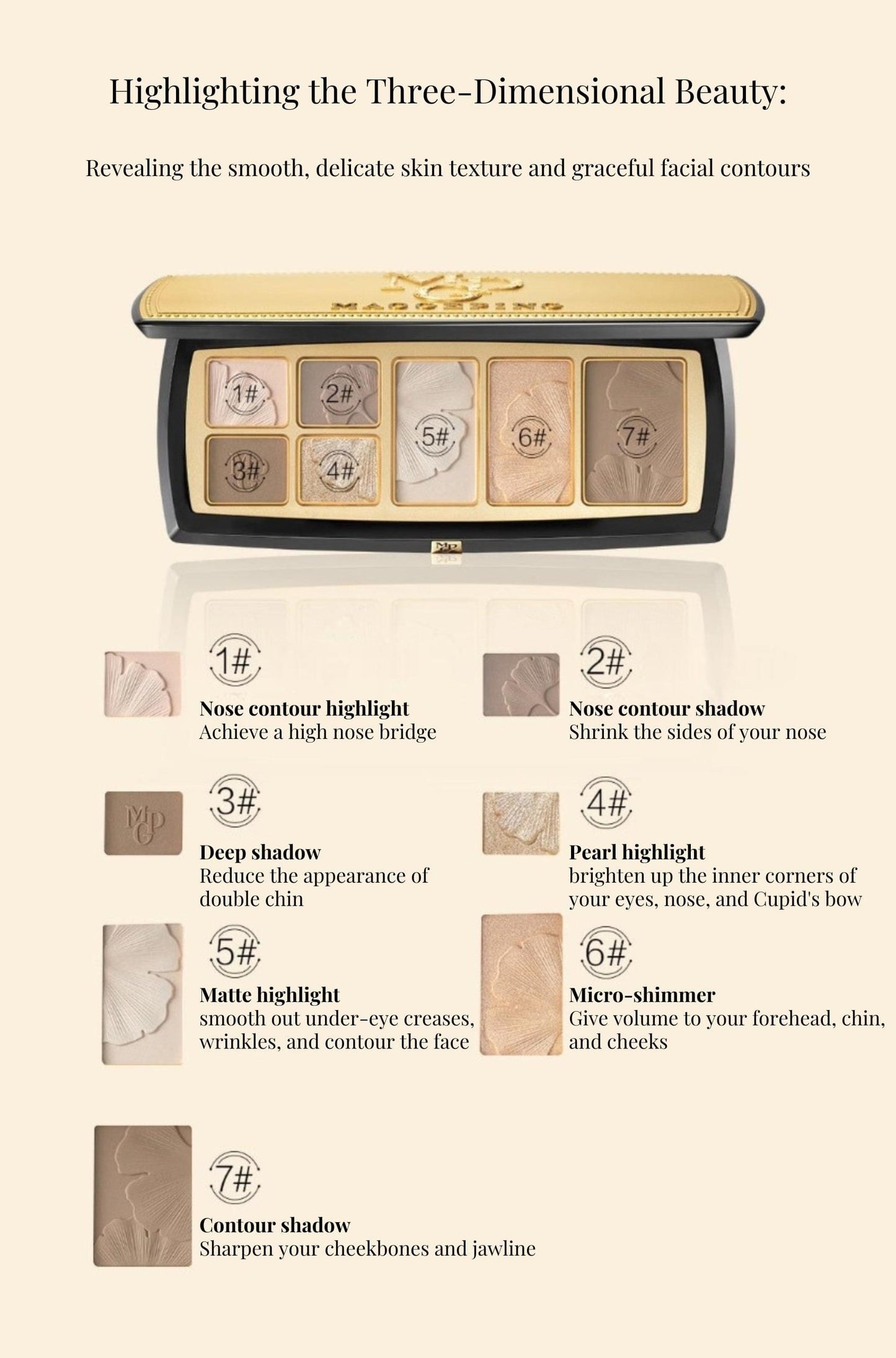 Pressed powder palette with multiple contour and highlight pans in gold case