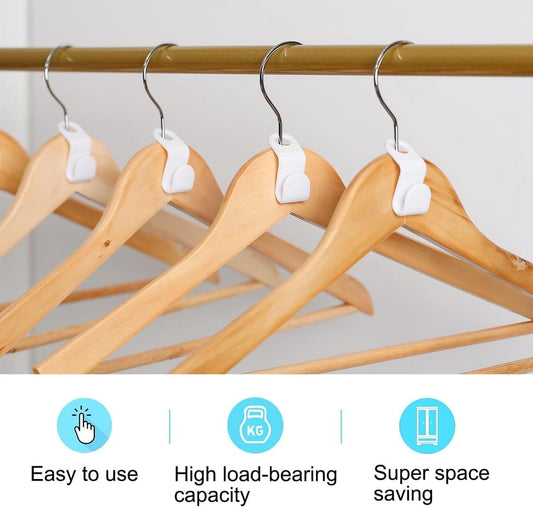 White hanger connecting hooks clipped onto wooden hangers in a row
