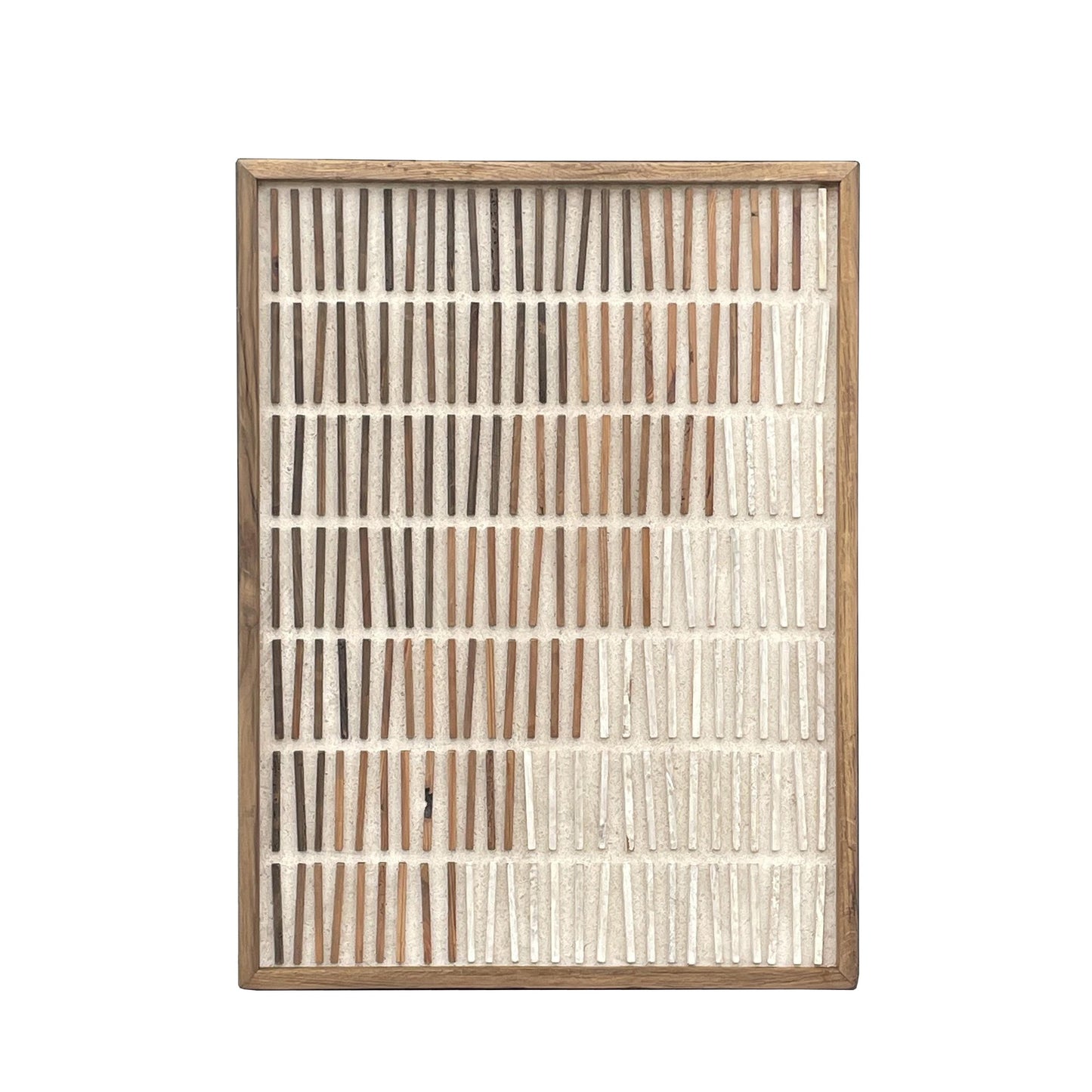 Framed wall art with a grid of vertical lines in dark, tan, and white on a cream base.
