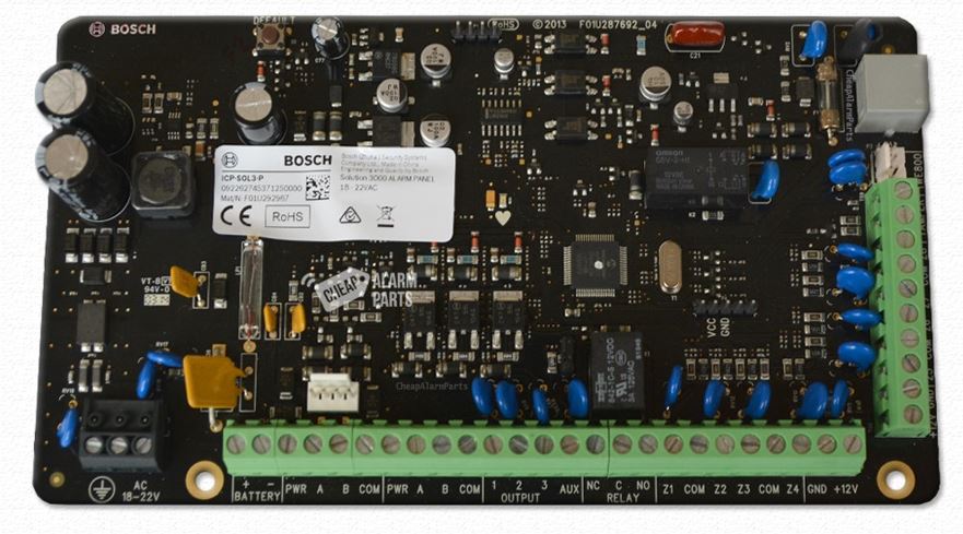 BOSCH Solution 2000 Intrusion Alarm Control Panel PCB – 8 Zones, 4 On-Board Outputs (Expandable to 12), 2 Areas, 54 Users, Up to 4 Keypads – ICP-SOL2-P