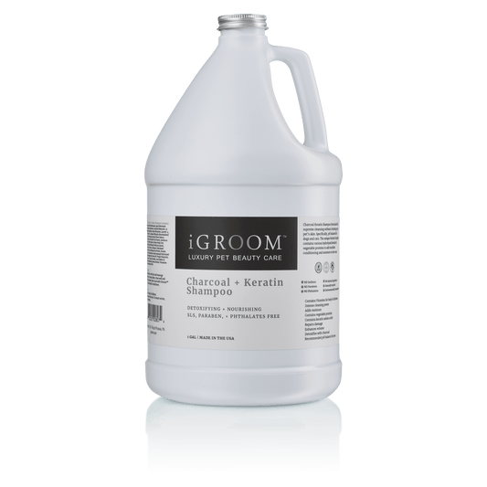 iGROOM Charcoal + Keratin shampoo jug, white bottle with handle and back label