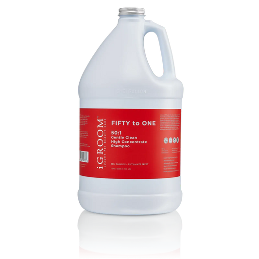 iGroom 50:1 high concentrate shampoo, white gallon jug with red label
