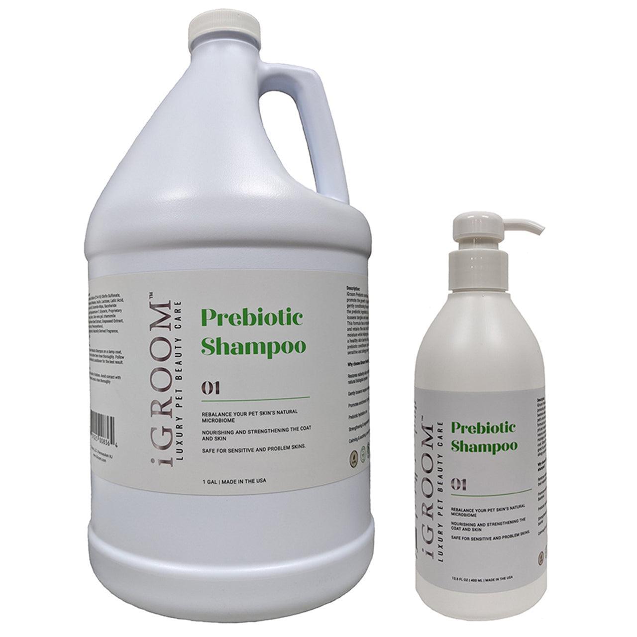 iGroom prebiotic shampoo bottles set: large jug and small pump bottle, label 01