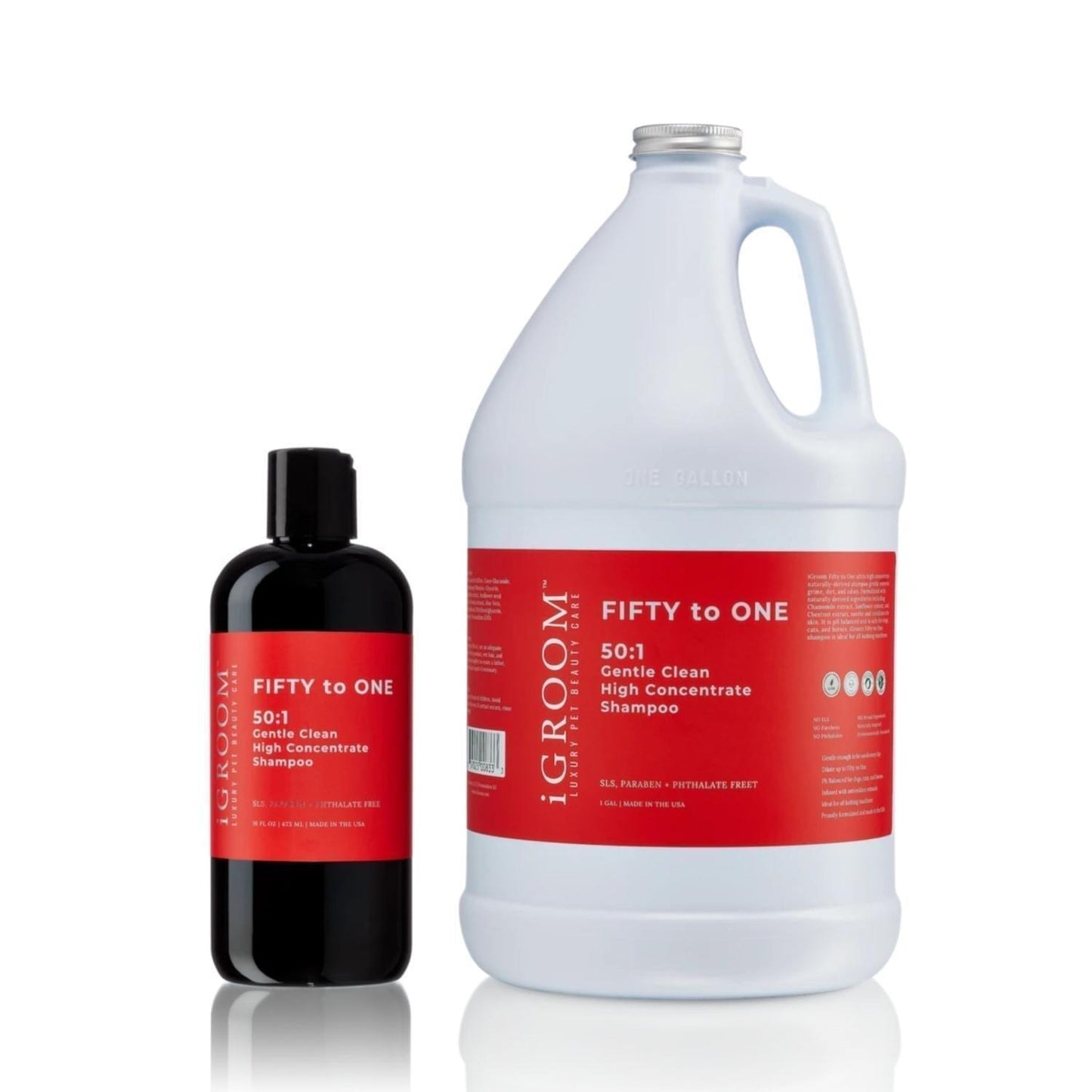 iGroom 50:1 shampoo set: small black bottle and large white jug, both red labels
