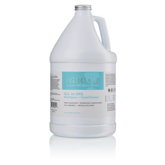 iGROOM all-in-one shampoo & conditioner bottle, white with light-blue label, silver cap