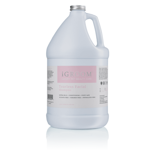 iGROOM tearless facial shampoo, white bottle with silver cap and handle