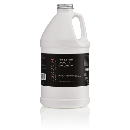 iGroom Pro-Keratin leave-in conditioner jug bottle, white, back label with barcode