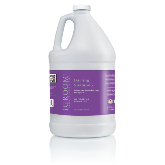 Darling shampoo jug, white bottle with purple label band and carry handle